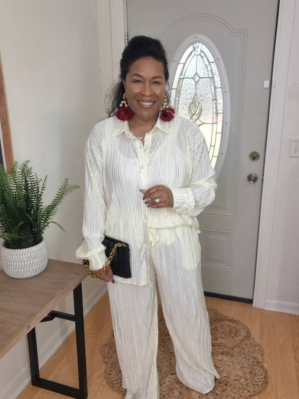 NEW BLUE B pleated button up blouse and pant lounge set in cream